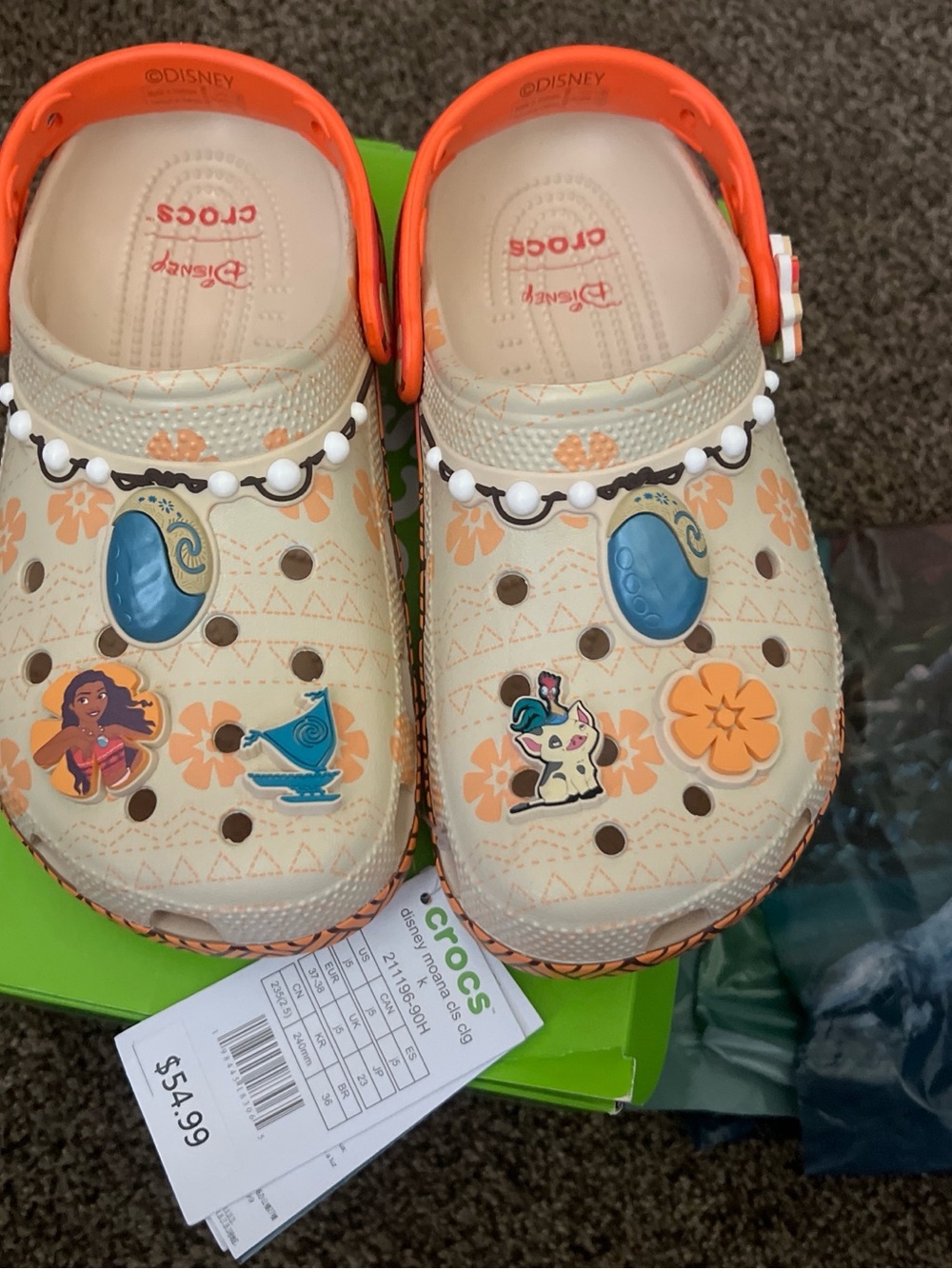 Disney Kids Beige and Orange Moana-Themed Crocs with Charms